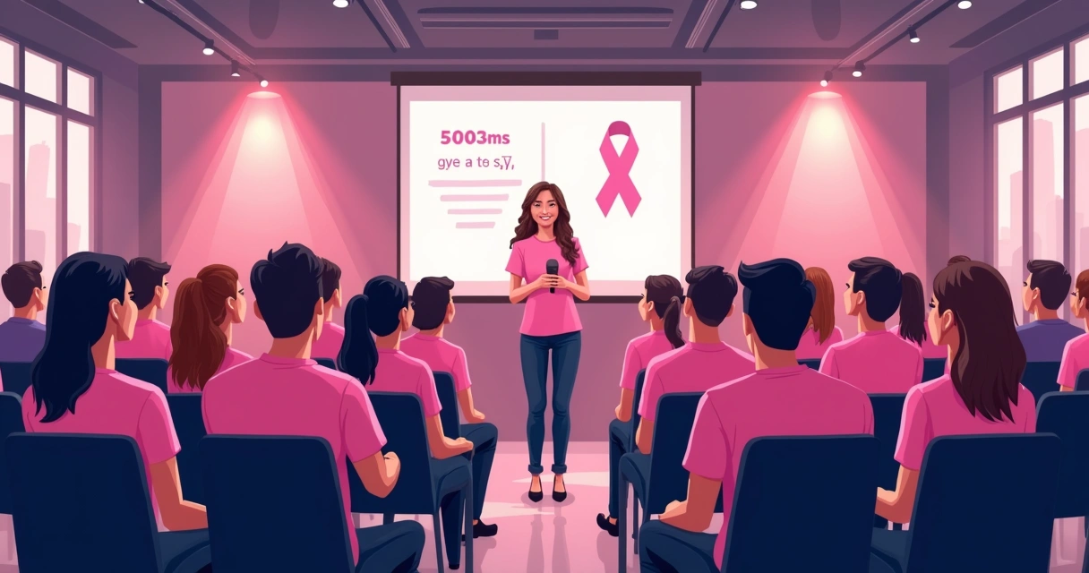Foto de um auditório com funcionários usando camisetas rosas assistindo palestra de prevenção 