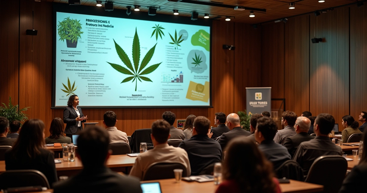 Auditório com pessoas assistindo palestra sobre cannabis e slide com folha estilizada. 