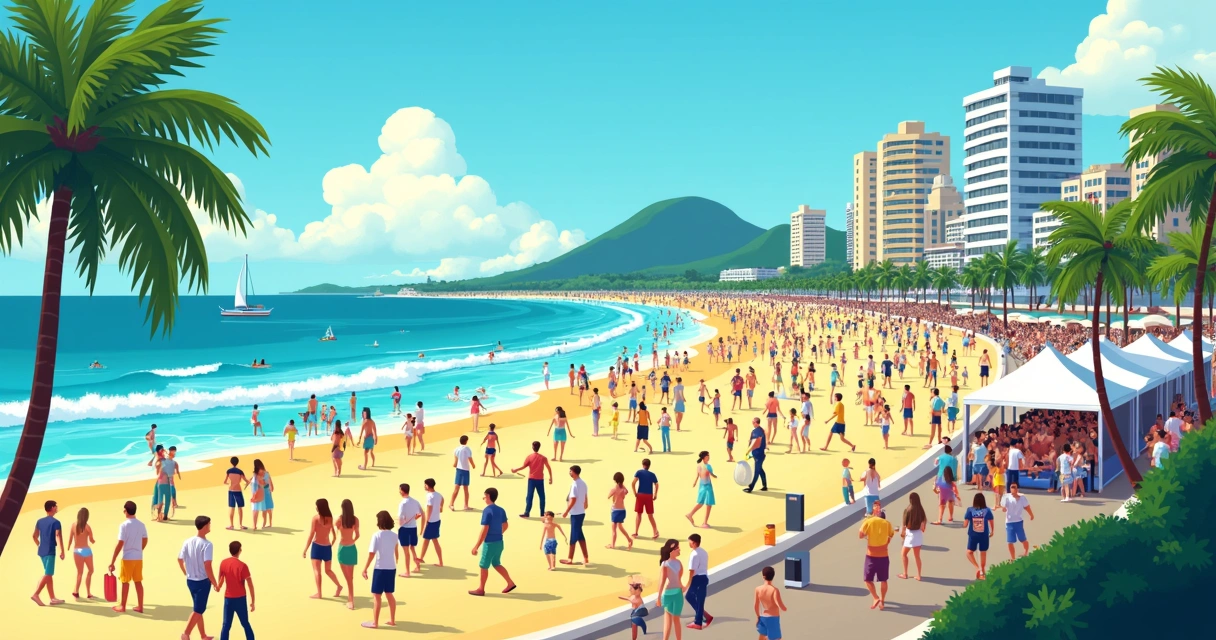 Movimentação de turistas e policiamento na praia de Copacabana durante grande evento