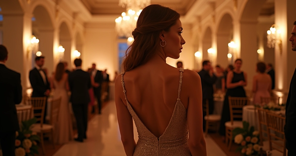Vestido elegante usado por mulher em casamento noturno formal