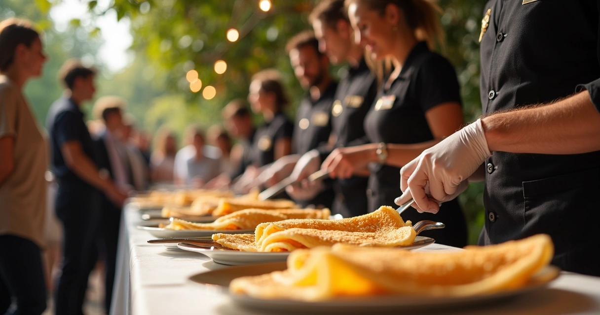 Buffet de crepes franceses sendo servido ao vivo para convidados em um evento elegante 