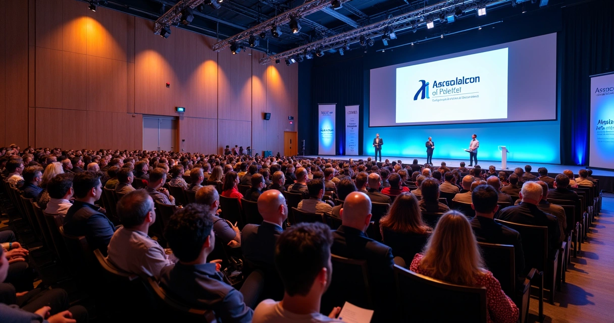 Auditório de associação com participantes e tela de apresentação 