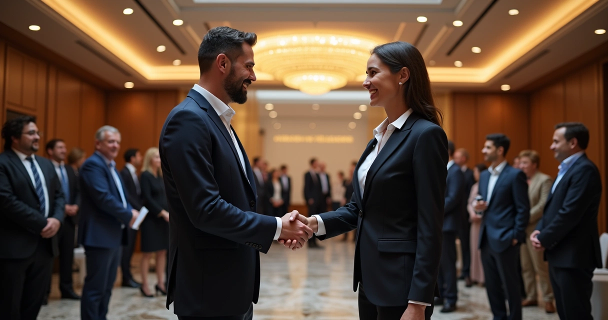 Duas equipes empresariais comemorando parceria em evento corporativo 
