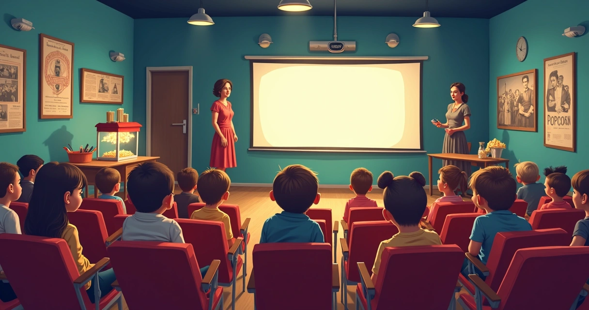 Alunos participando de evento de cinema clássico na escola 