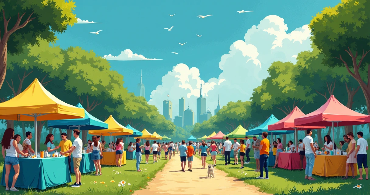 Evento de colaboração para a sustentabilidade em um parque, com pessoas interagindo e inovações ecológicas em destaque.