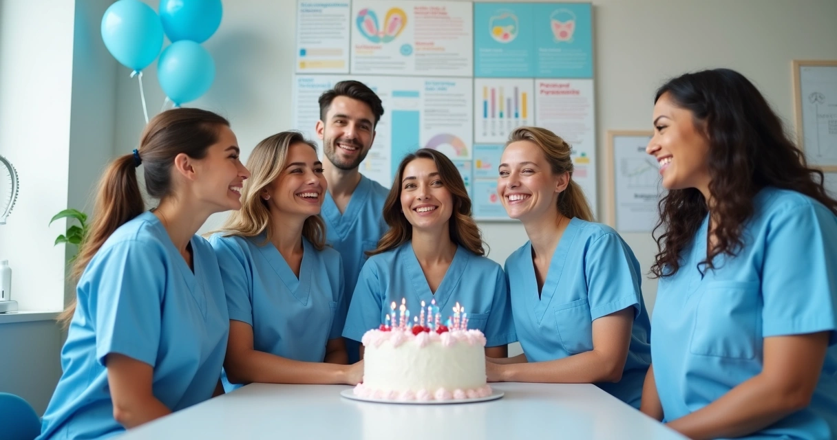 Equipe de clínica odontológica comemorando resultado com bolo e painéis de metas na parede 