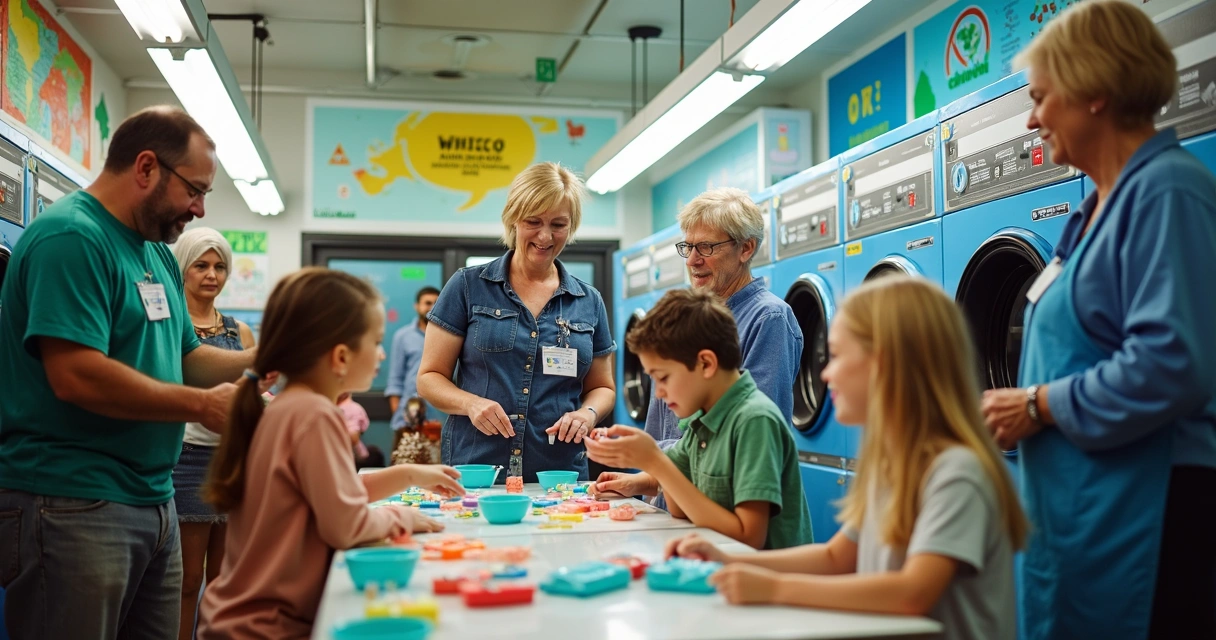 Evento educativo em lavanderia com equipe, vizinhos e cartazes sobre meio ambiente 