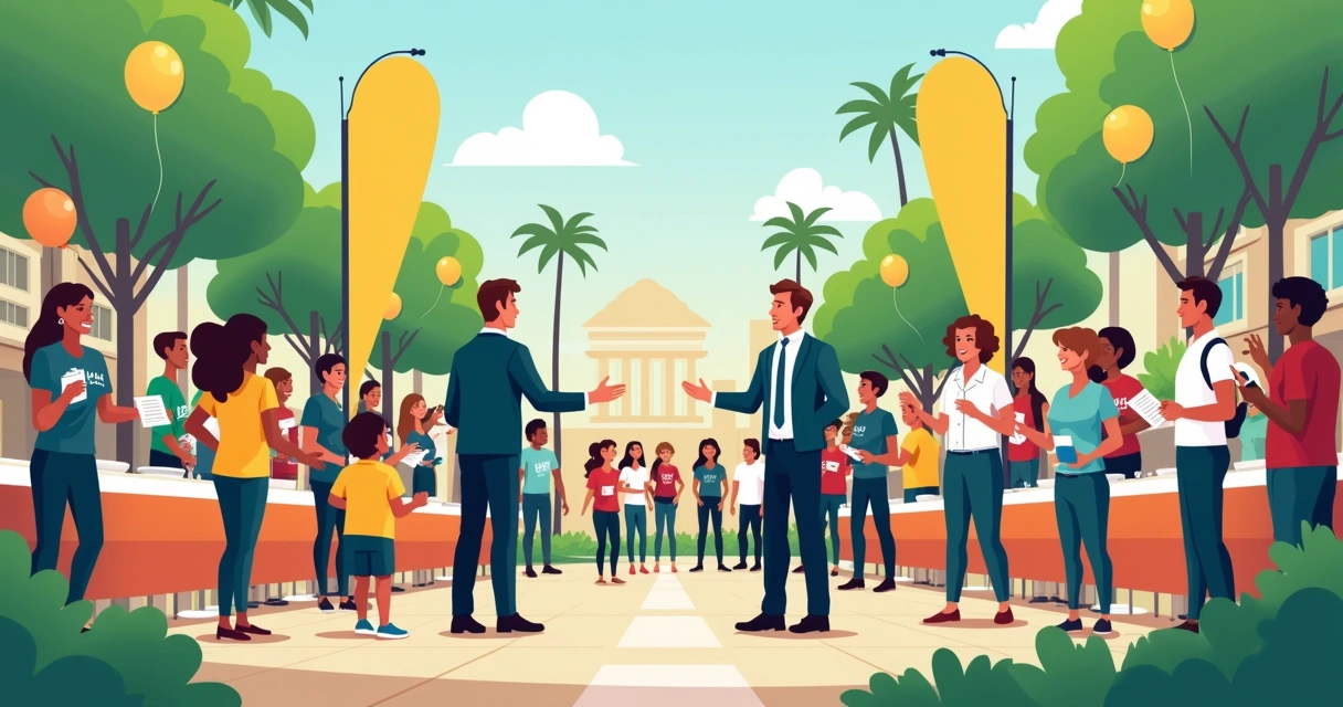 Pré-candidato conversando com eleitores em um evento comunitário alegre 