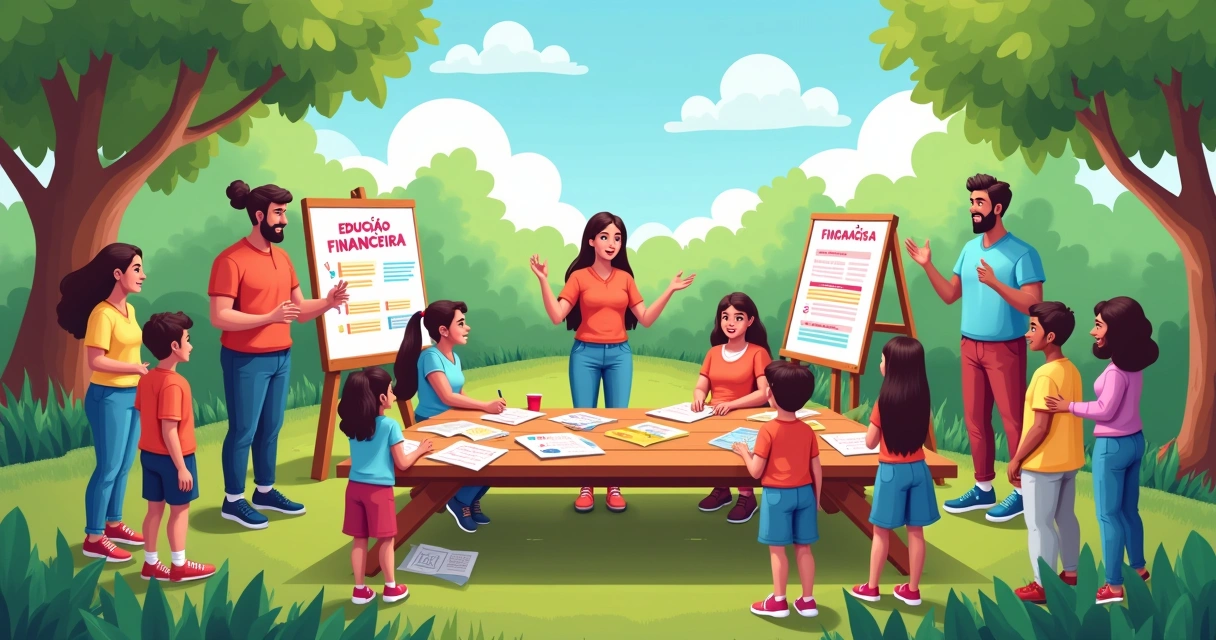 Evento comunitário de educação financeira com pessoas discutindo, materiais acessíveis e um facilitador apresentando conceitos.