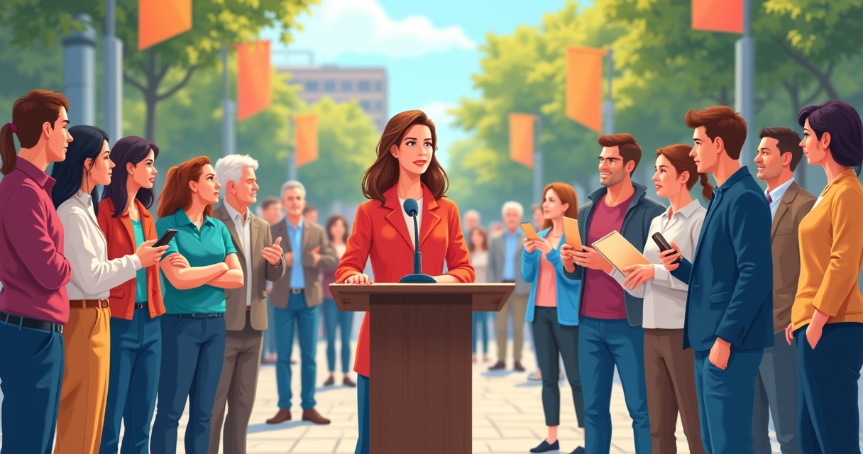 Pré-candidata jovem dando discurso em praça pública com pessoas diversas atentas ao redor 