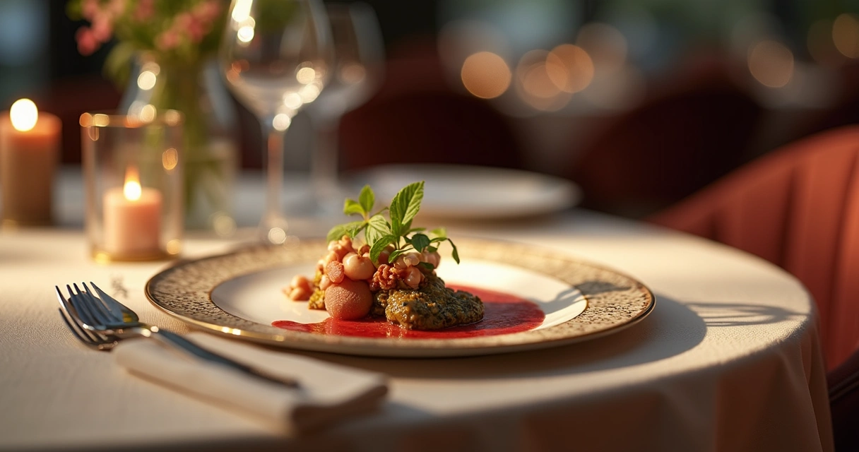 Mesa reservada em restaurante gourmet com cartão premium ao lado do prato 