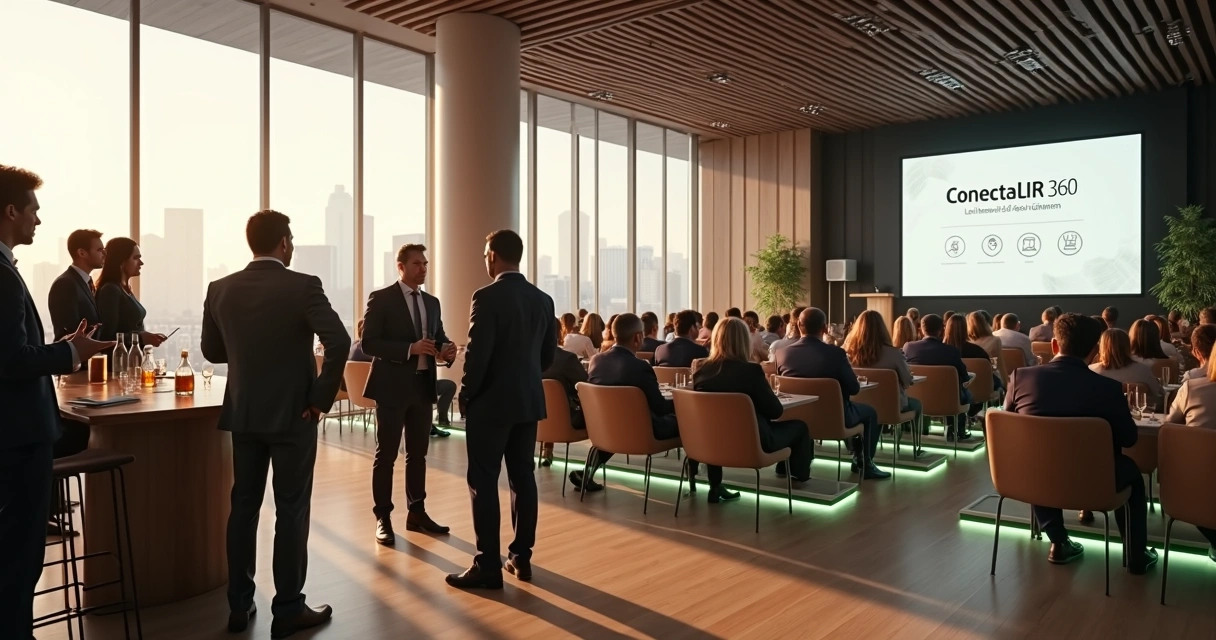 Executivos em auditório moderno durante evento sobre lei de incentivo à reciclagem 