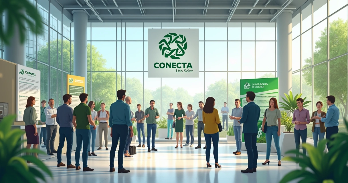 Pessoas em evento de networking conversando sobre projetos de reciclagem com banners da Conecta LIR e materiais ecológicos ao fundo 