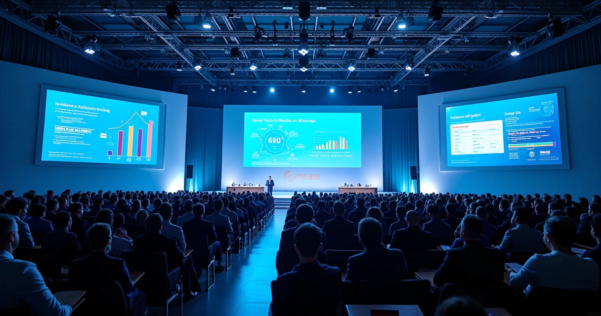 Palestra em evento contábil com palco e público em auditório 
