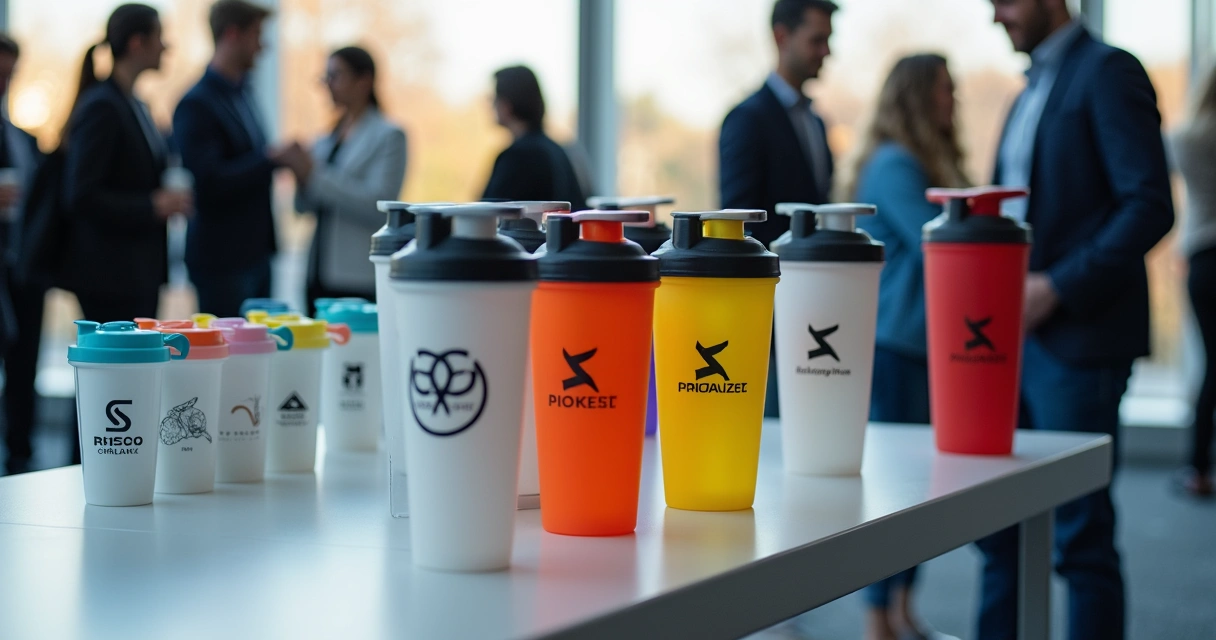 Coqueteleiras personalizadas expostas em evento corporativo fitness. 