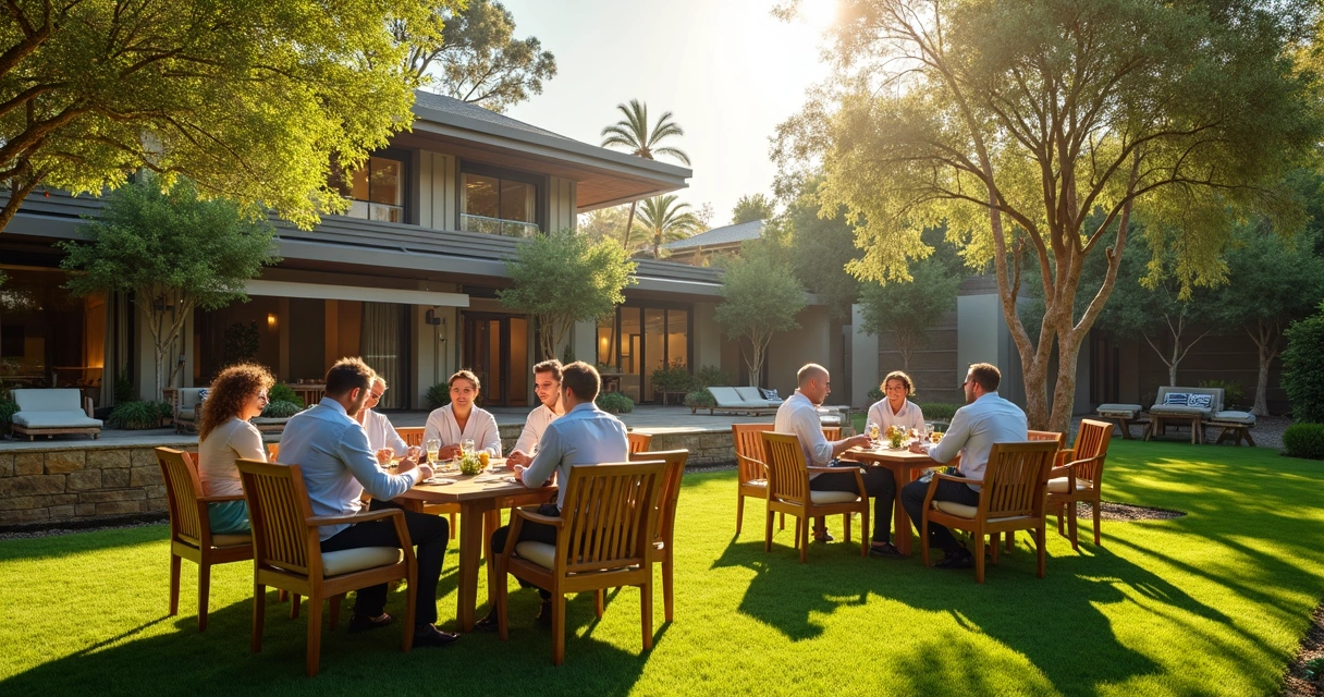 Equipe reunida em evento corporativo ao ar livre com mesas no jardim de spa 