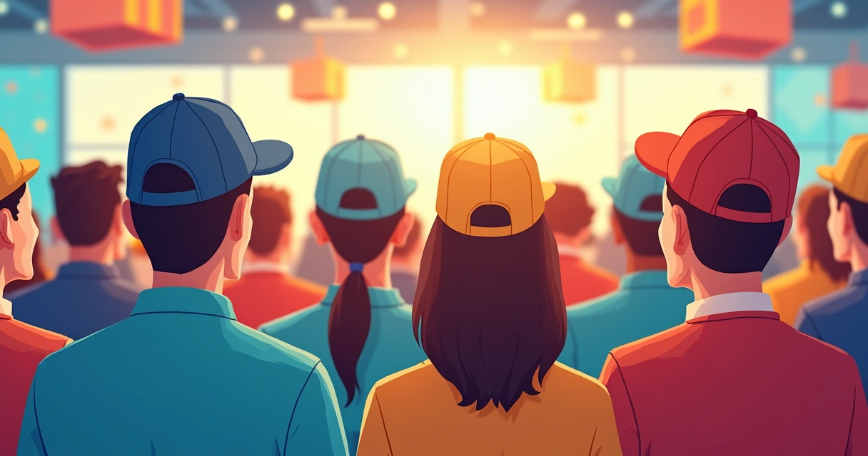 Pessoas em evento corporativo usando bonés personalizados, sorrindo, integrados, com banners e decoração de empresa ao fundo 