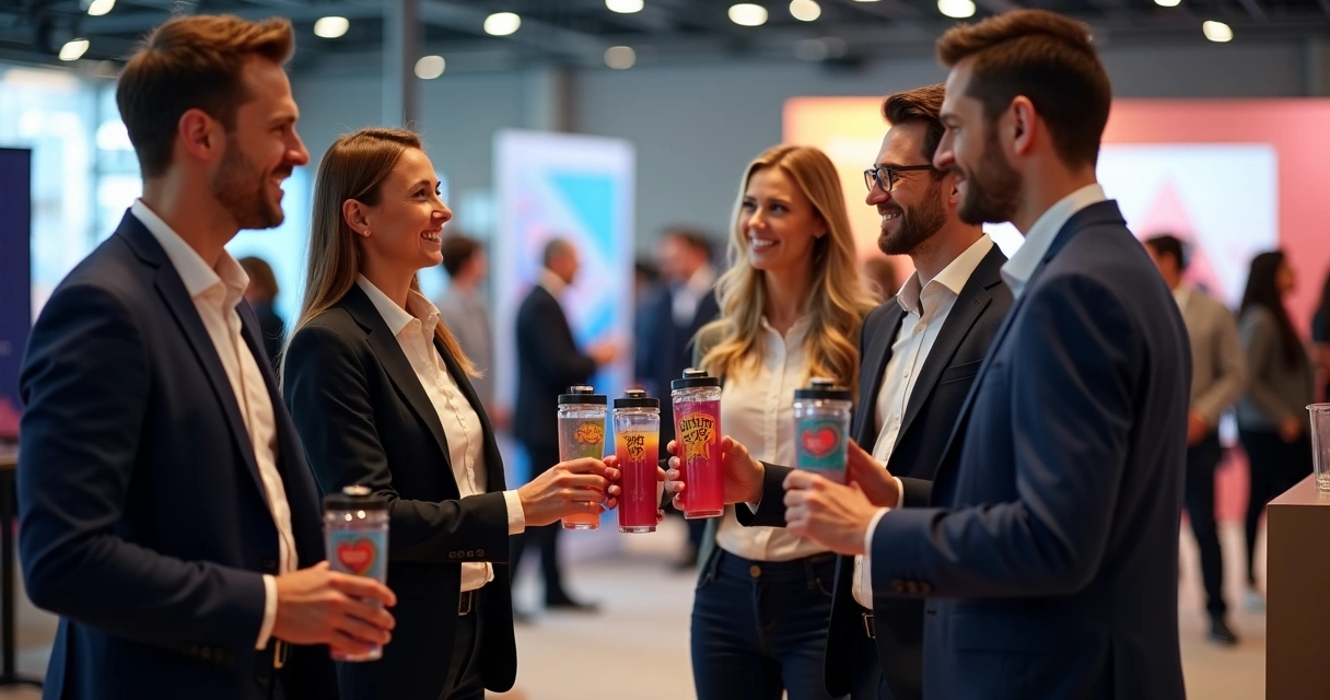 Profissionais em evento recebendo brindes personalizados 