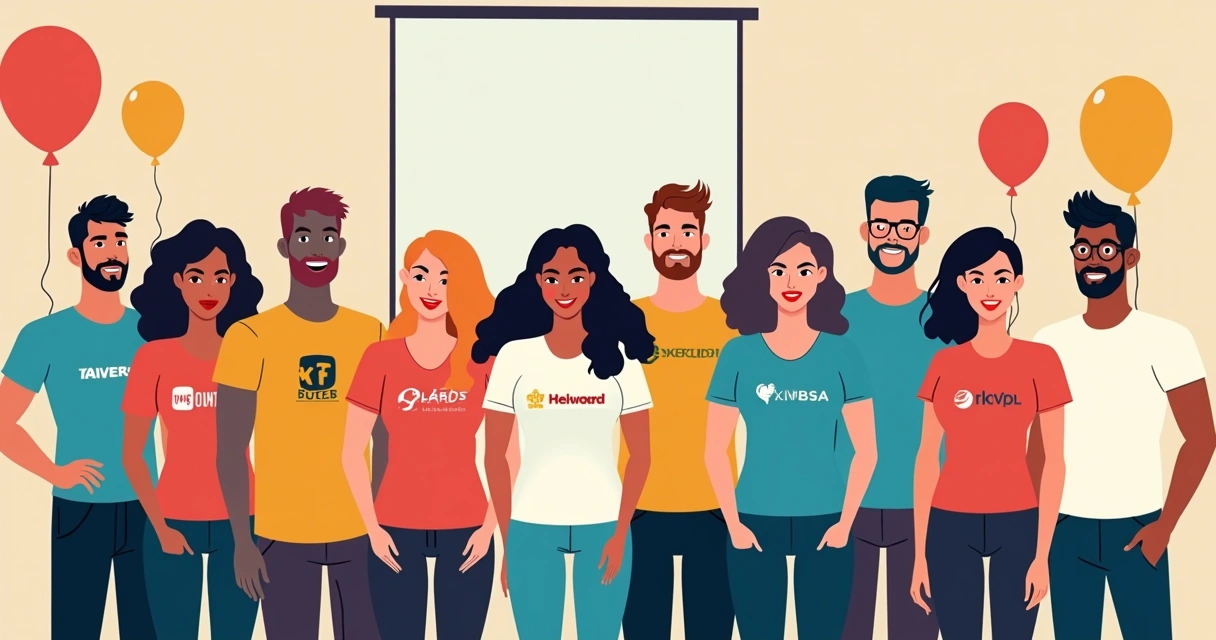 Pessoas em evento corporativo usando camisetas coloridas personalizadas