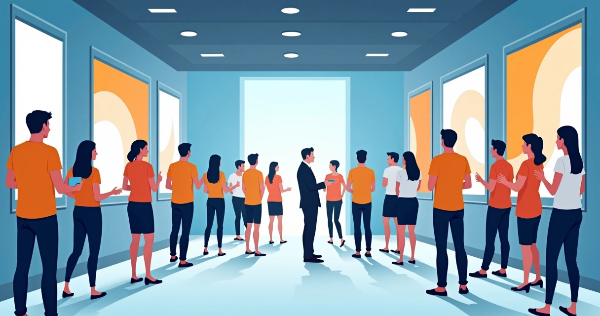 Participantes de evento corporativo usando camisetas personalizadas no hall de entrada 