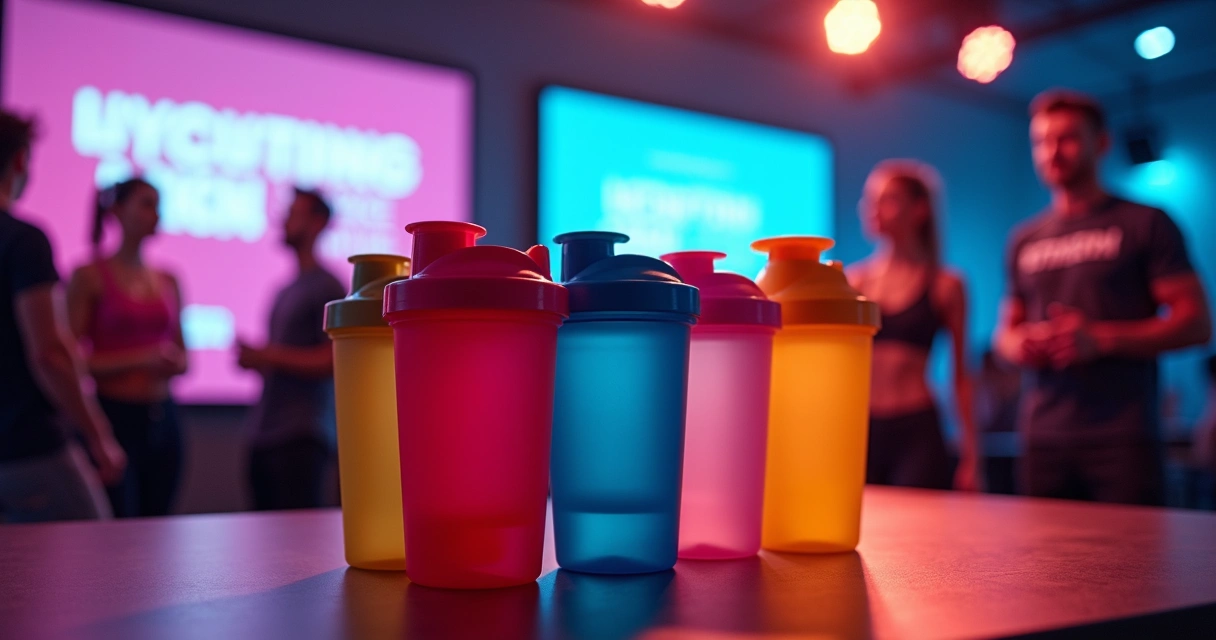 Ambiente de evento corporativo com várias coqueteleiras personalizadas em destaque em frente a um painel de branding
