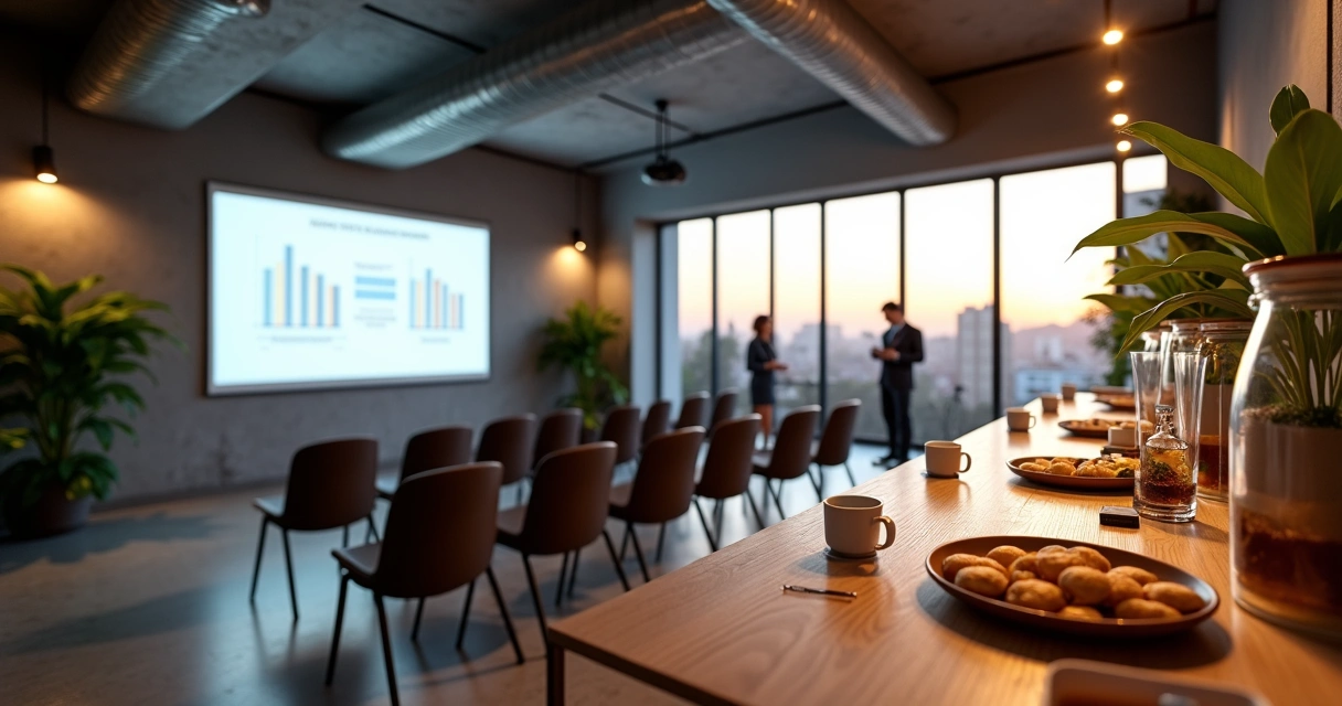 Auditório de coworking preparado para evento corporativo com telão e coquetel ao fundo 