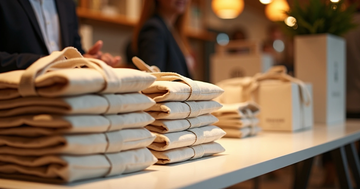 Ecobags de algodão cru personalizadas distribuídas em evento corporativo. 