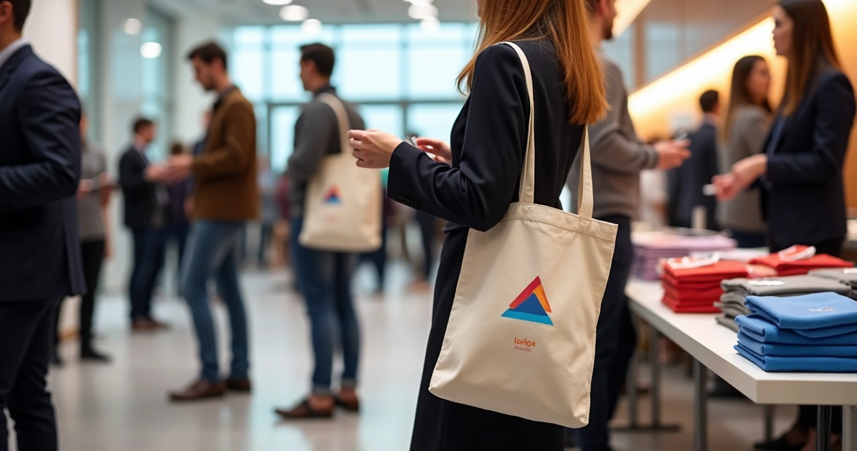 Pessoas em evento corporativo usando ecobags personalizadas com logos e cores diversas 
