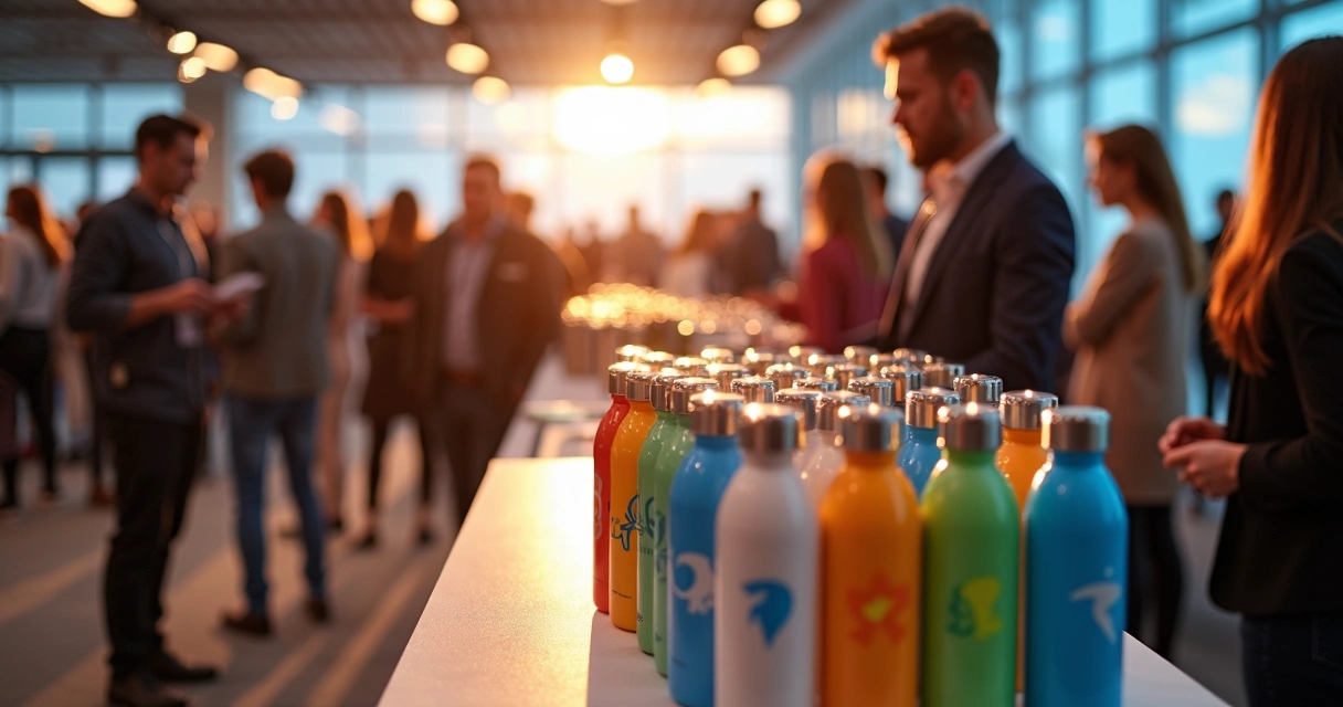 Distribuição de garrafas personalizadas em evento corporativo