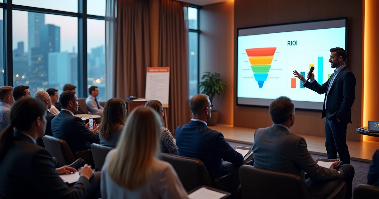 Empresários de PME em evento corporativo próprio com palestrante mostrando funil de vendas 