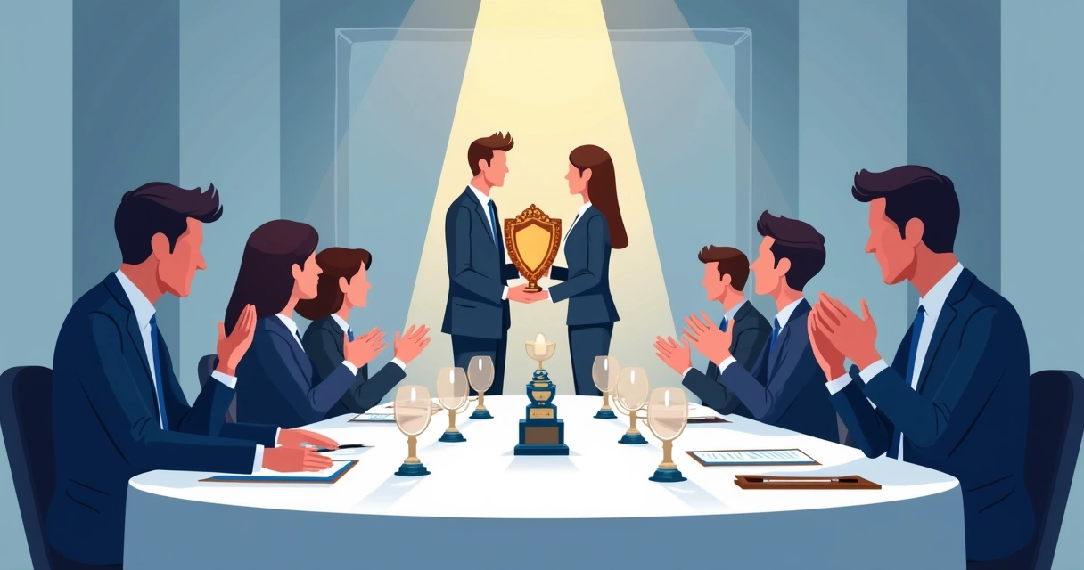 Mesa de evento corporativo com placas de homenagem, certificado e pessoas aplaudindo o homenageado 