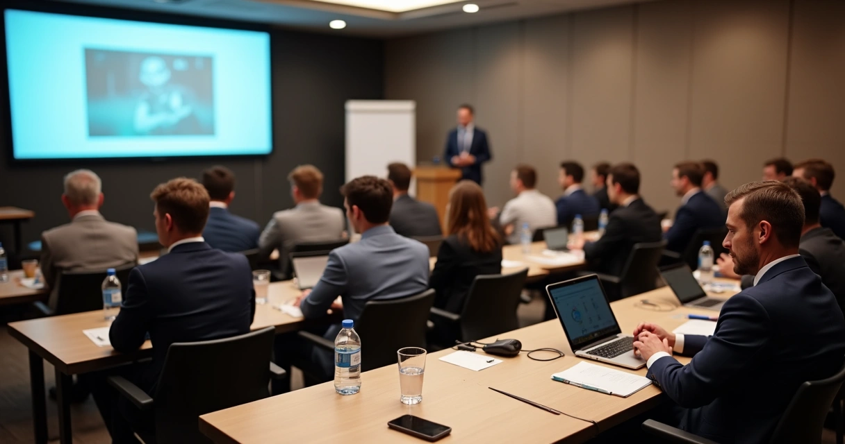 Evento corporativo em auditório pequeno com pessoas sentadas, material de apoio sobre mesas