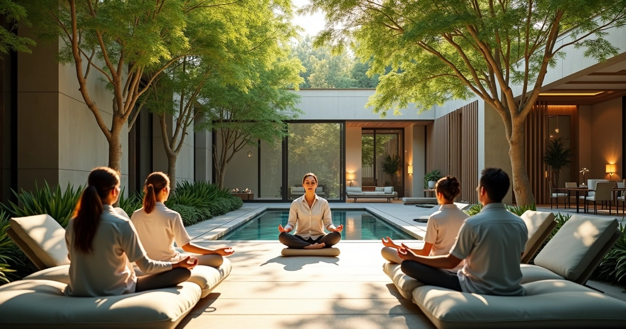 Equipe de profissionais participando de atividade de relaxamento em jardim de spa 