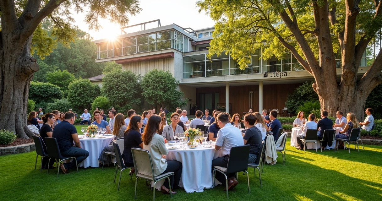 Grupo de pessoas reunidas em evento corporativo ao ar livre em área de spa com árvores e gramado 