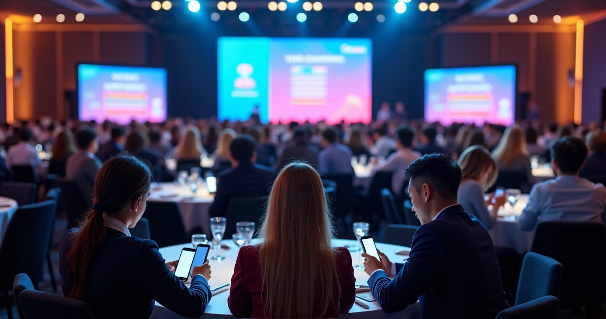 Plateia de evento corporativo participando de votação digital em seus celulares. 