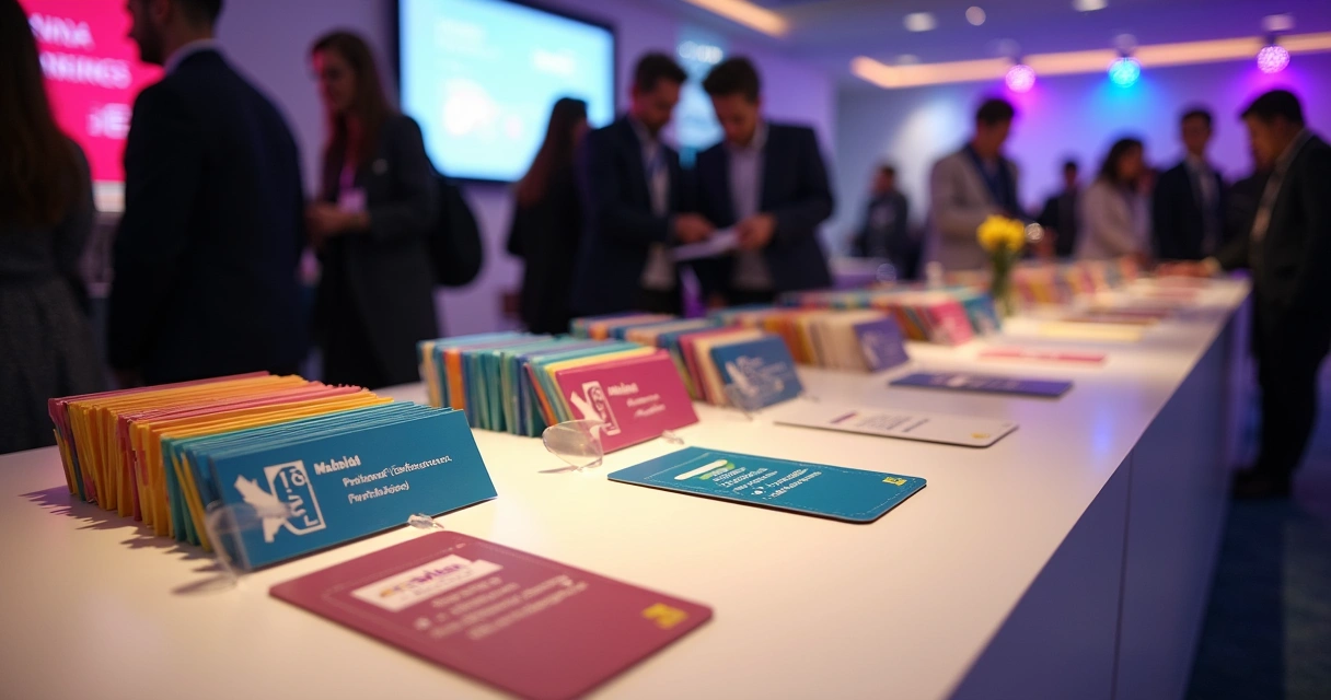 Mesa de credenciamento com crachás e plaquetas para evento corporativo 