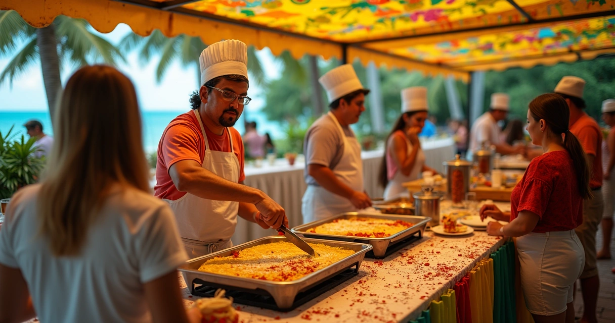 Equipe de buffet de crepe preparando e servindo durante festa brasileira na Flórida. 