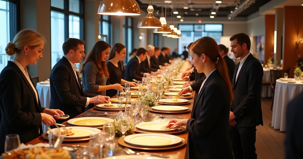 Buffet de crepes em evento corporativo com muitos convidados 