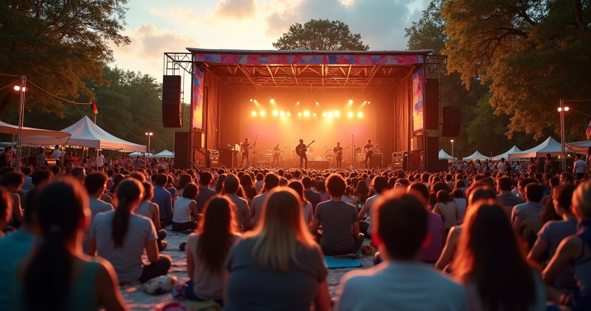 Público diverso assistindo a um show cultural ao ar livre com palco iluminado ao entardecer 