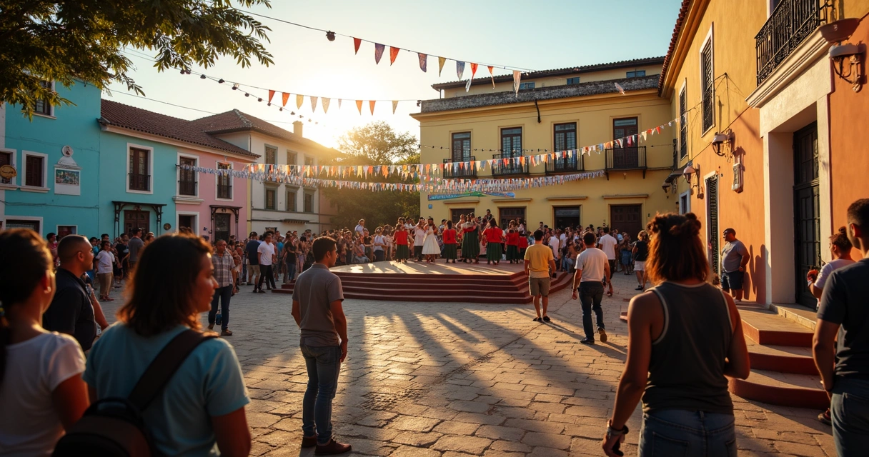 Apresentação cultural em cidade histórica com prédios coloniais 
