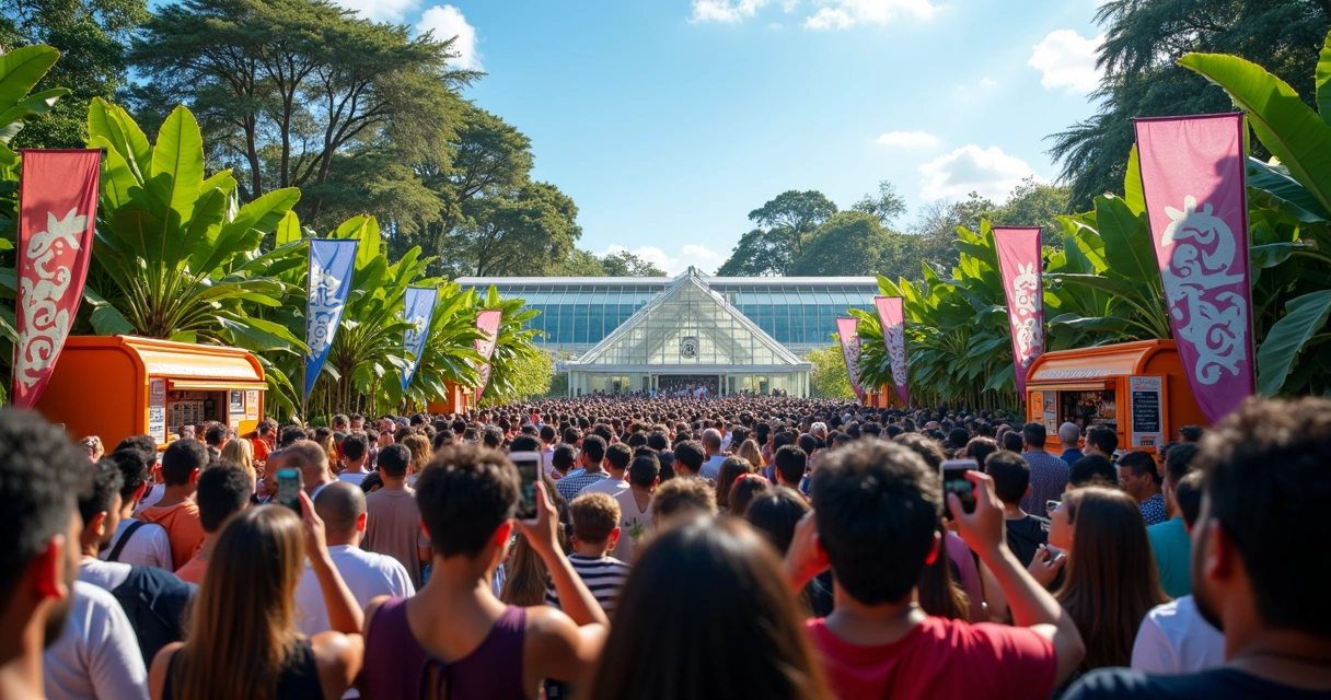 Pessoas em evento cultural ao ar livre em Curitiba, compartilhando nas redes sociais 
