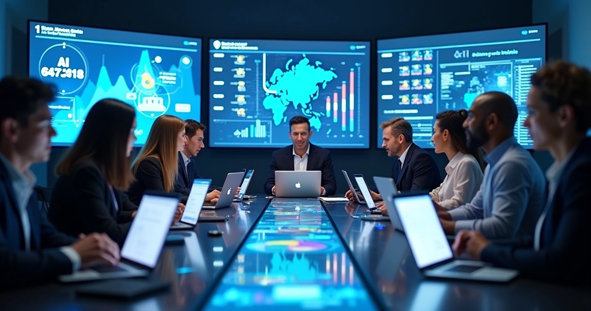 Equipe analisando dados de evento com gráficos em telas 