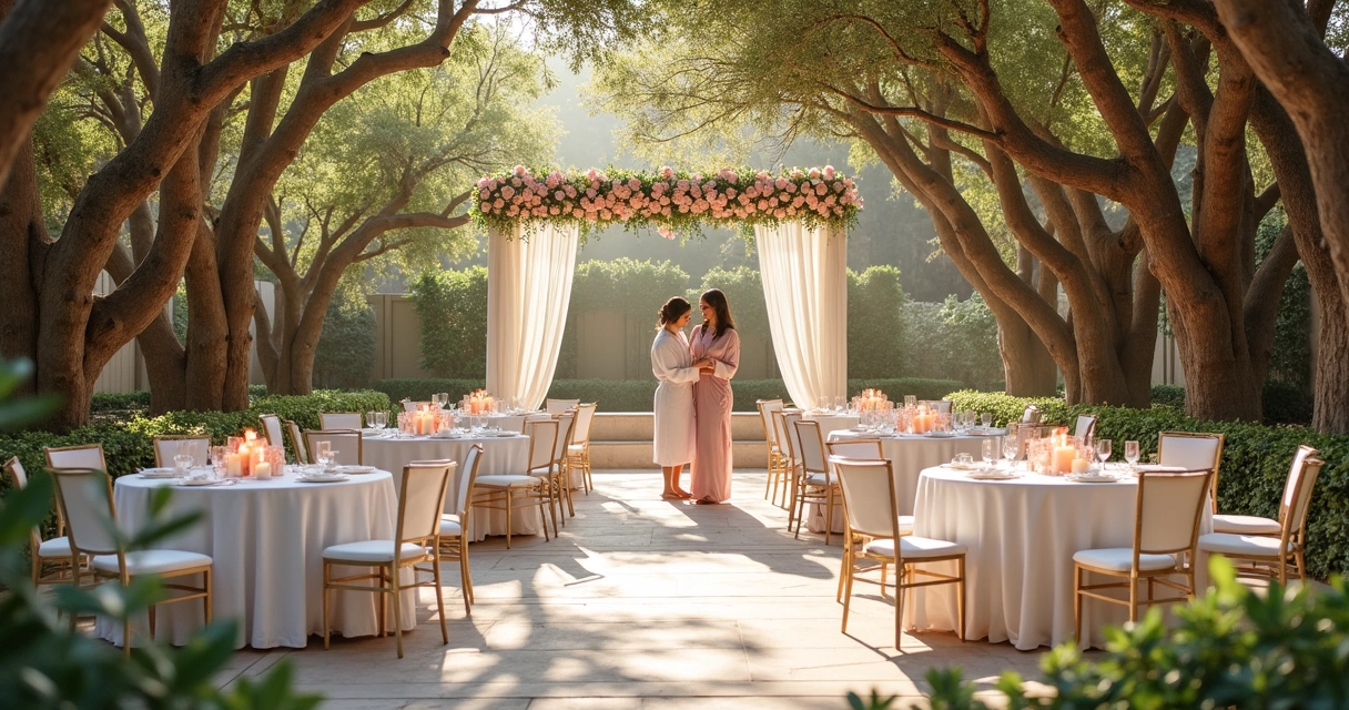 Dia da noiva em jardim de spa, decoração elegante 