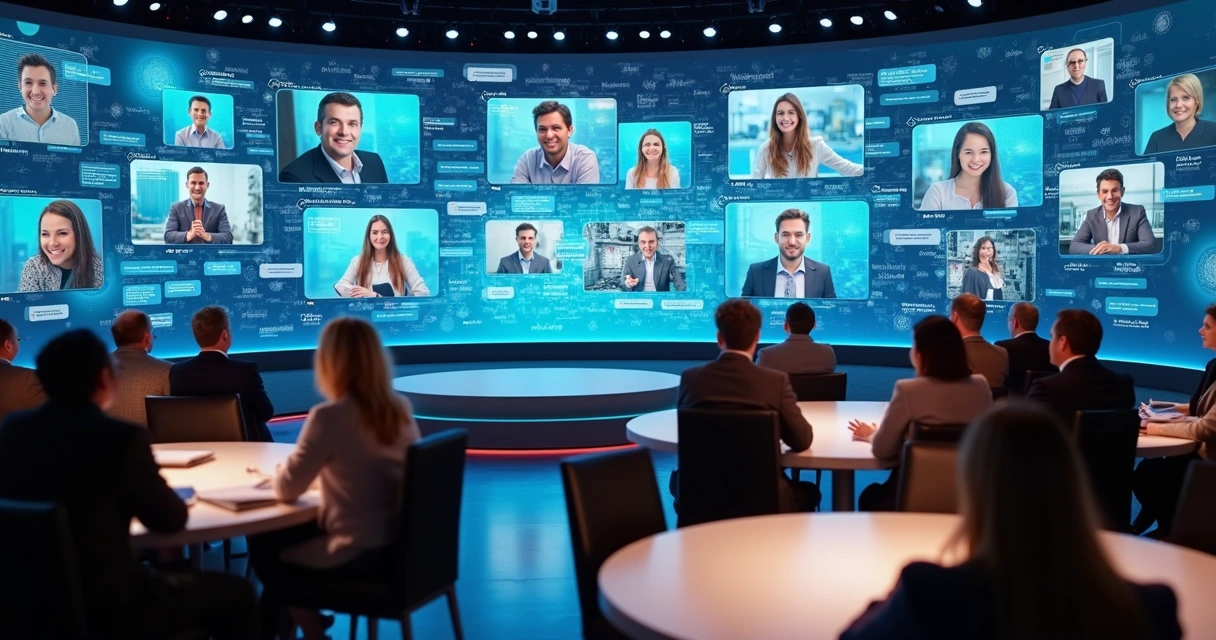 Encontro virtual com participantes em telas interativas