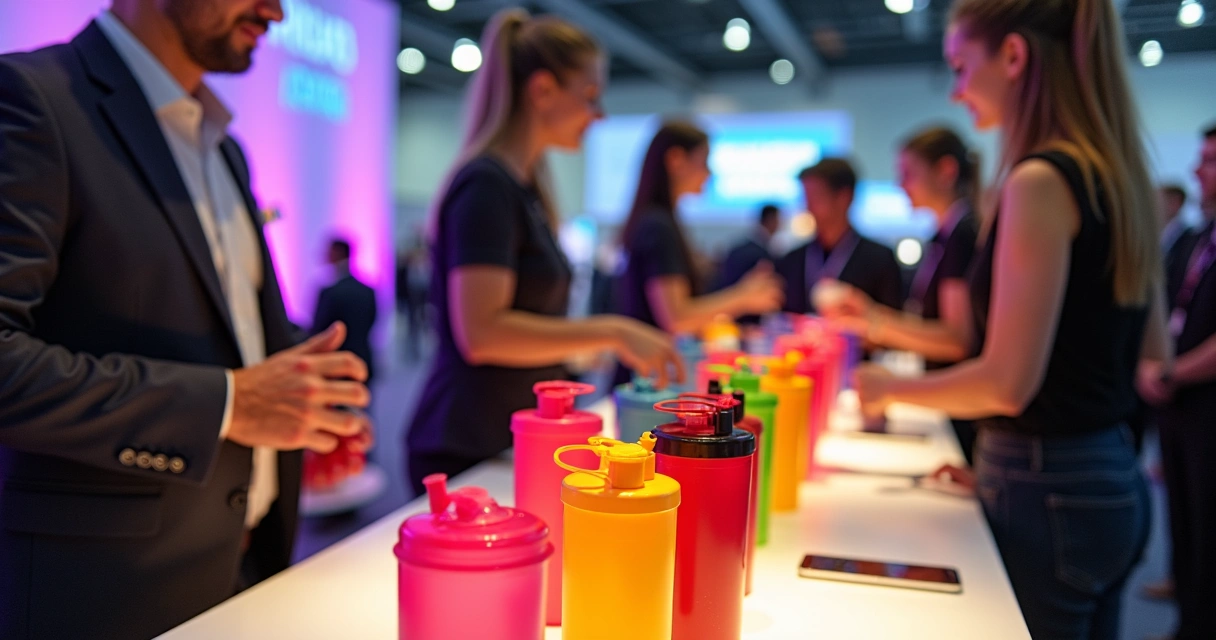 Distribuição de coqueteleiras coloridas em evento promocional 