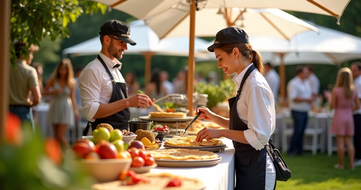 Estações de crepe Divina's Crepe em evento ao ar livre com convidados sorrindo 