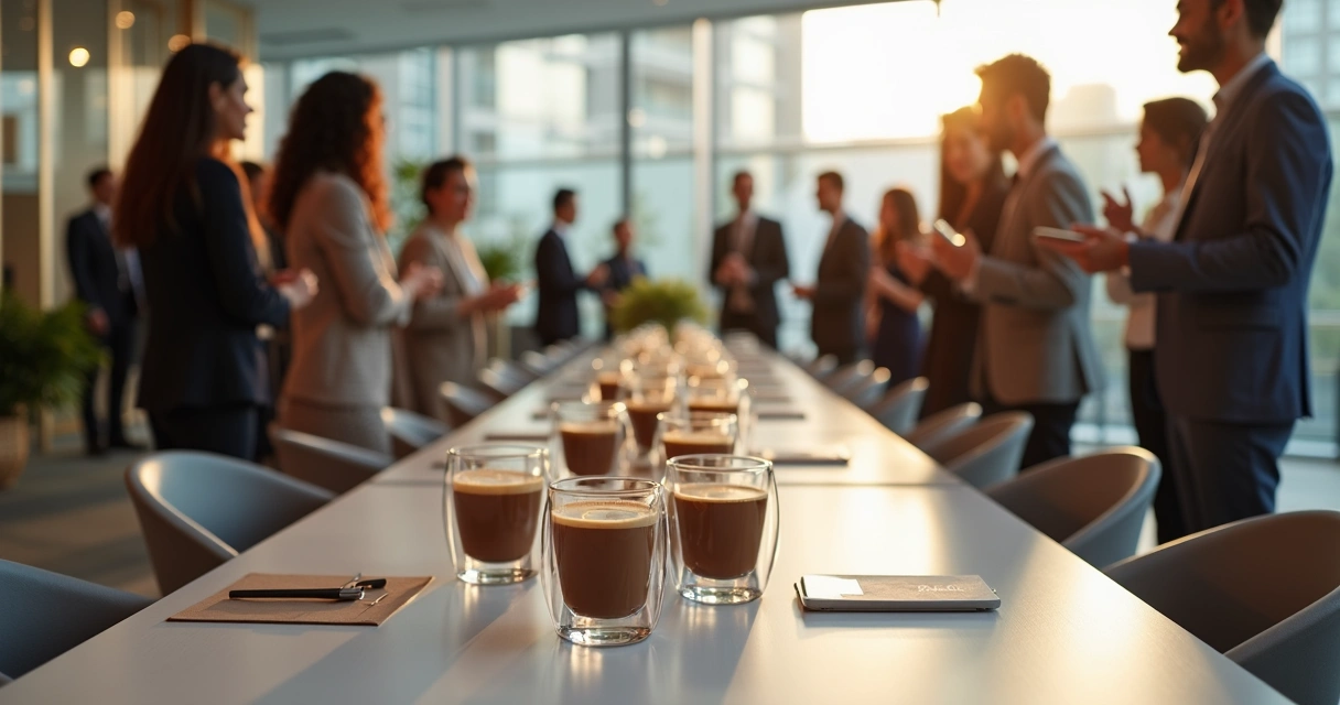 Equipe em evento corporativo servindo café com chocolate personalizado