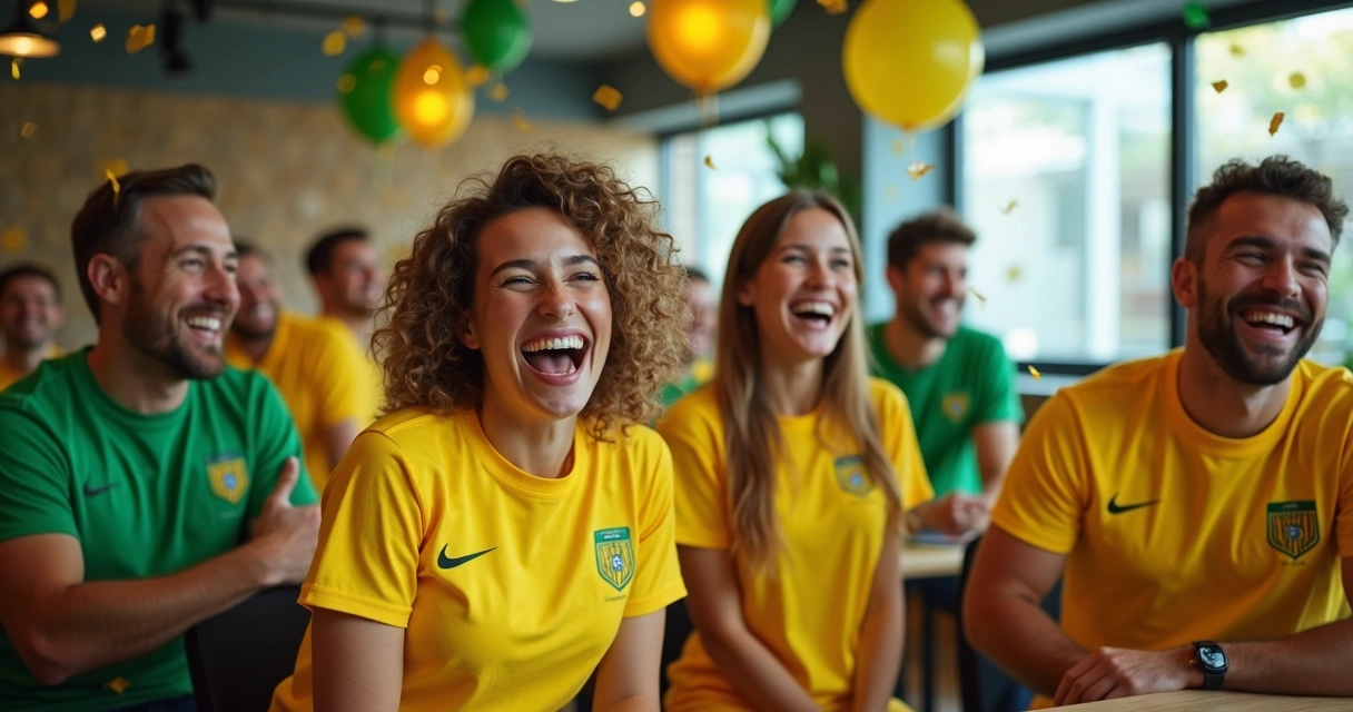 Funcionários de empresa comemorando com camisetas personalizadas da Copa