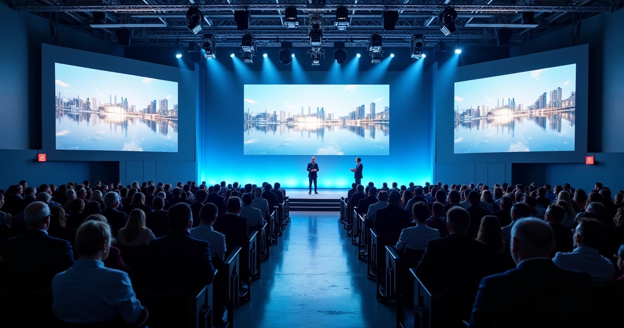 Auditório de evento de empresa com telão, equipe técnica e público atento 