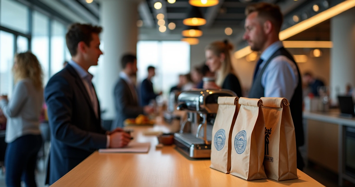 Evento corporativo com mesa de café personalizada